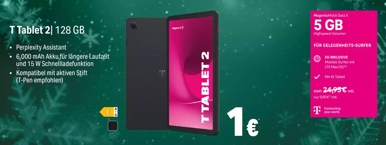 T Tablet 2 mit 128 GB, 6000 mAh Akku, 5G Tarif und KI-Assistenz auf grünem Hintergrund.
