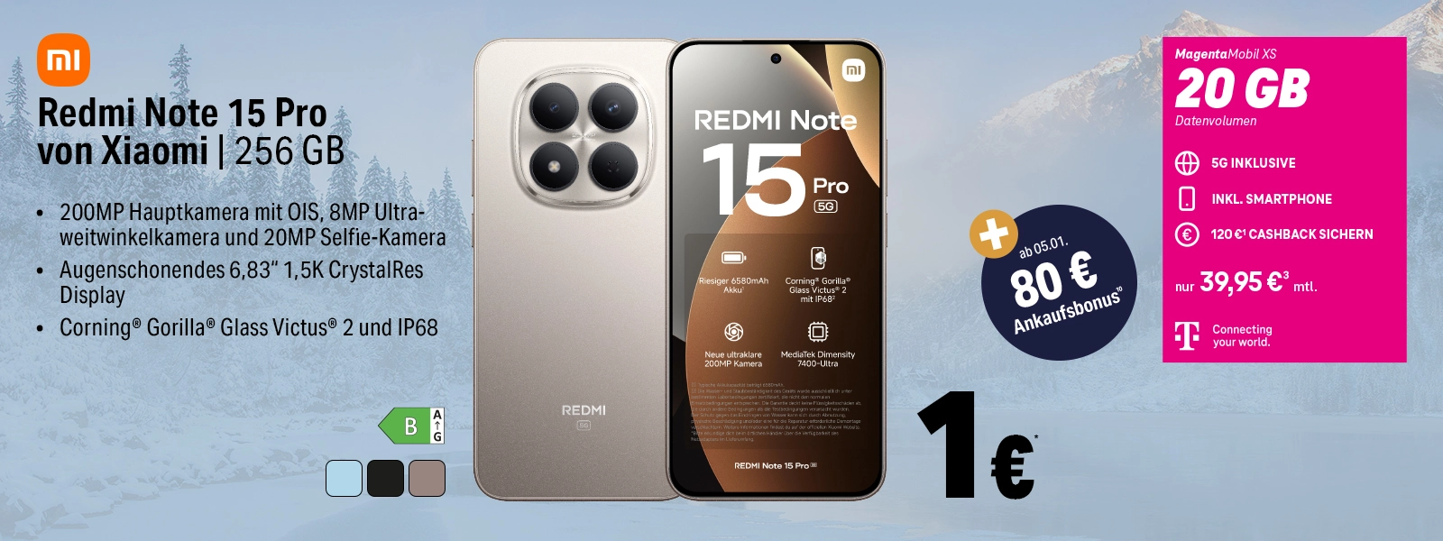 Werbebild für das Xiaomi Redmi Note 15 Pro mit 256 GB und MagentaMobil XS 20 GB Tarif.
