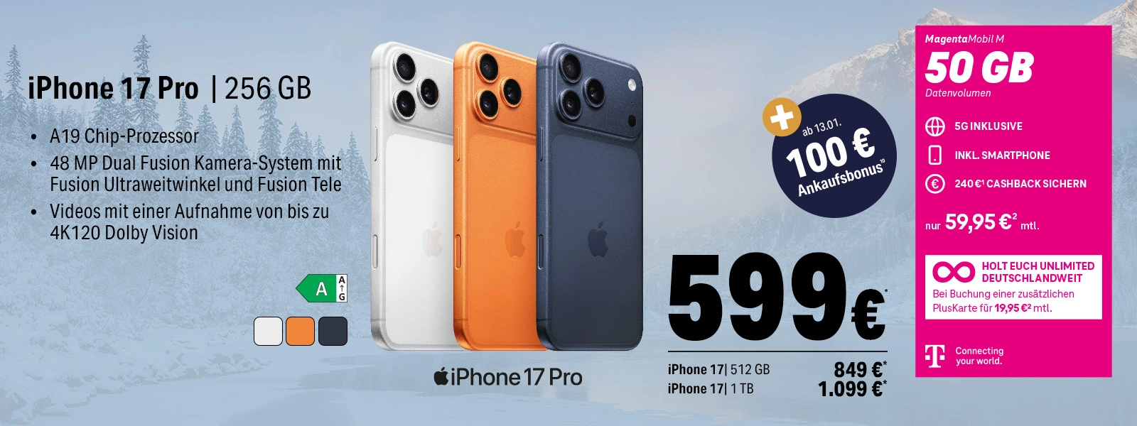 iPhone 17 Pro Angebot mit 256 GB, 5G Tarif, Cashback, Ankaufsbonus und Tarifdetails.