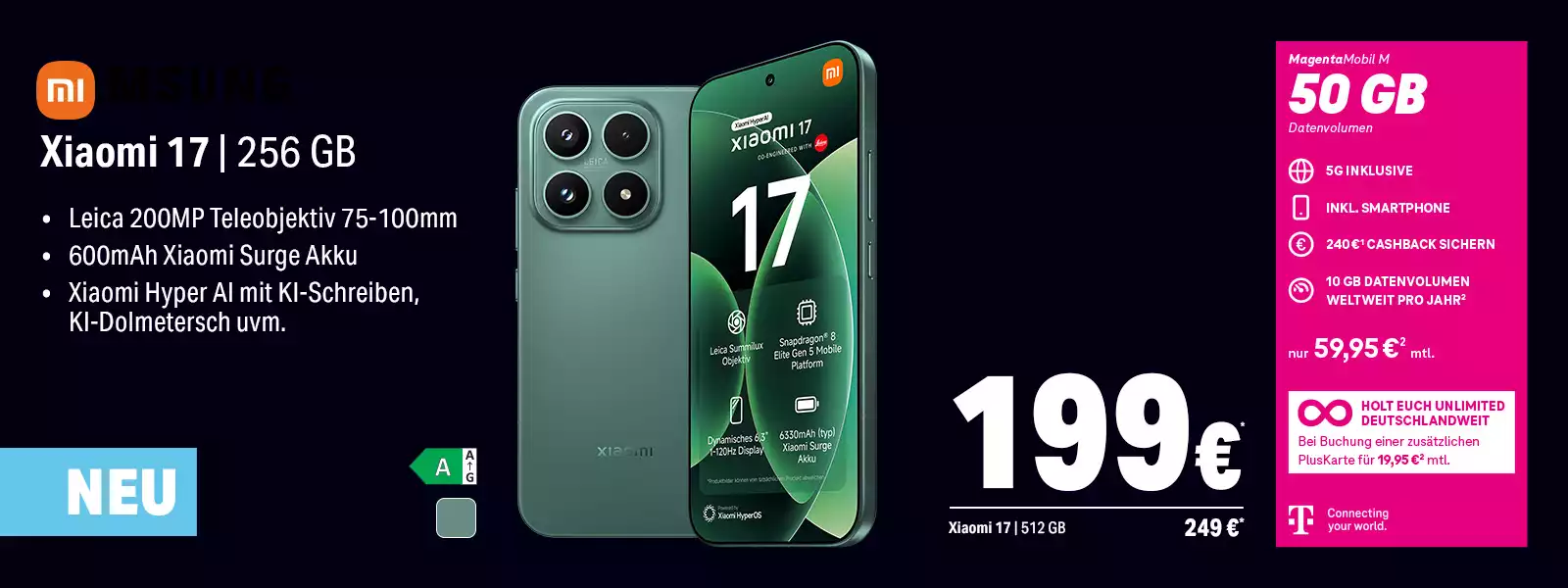 Werbebanner Xiaomi 17 Smartphone mit 256 GB und MagentaMobil M 50 GB Tarif