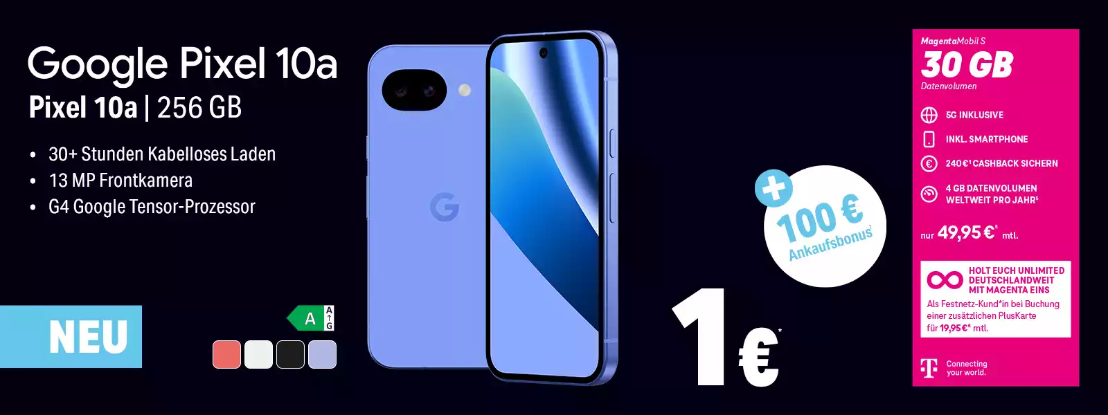 Google Pixel 10a 256 GB mit 30+ Std. kabellosem Laden und 13 MP Kamera